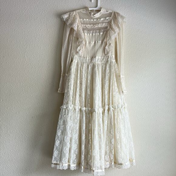 Vintage 70s Gunne Sax Ivory Lace Tiered Dress Prairie Romantic Renaissance Bride - Picture 1 of 10